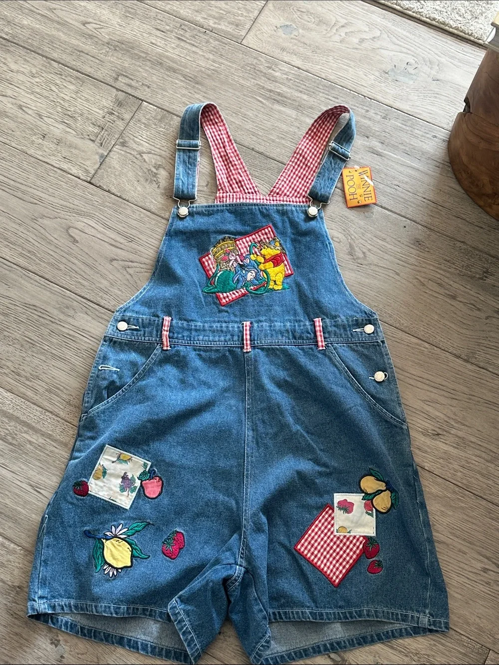 Vintage Disney Denim Overalls Shortalls w Winnie the Pooh Fruitstand Patchwork - Picture 1 of 6